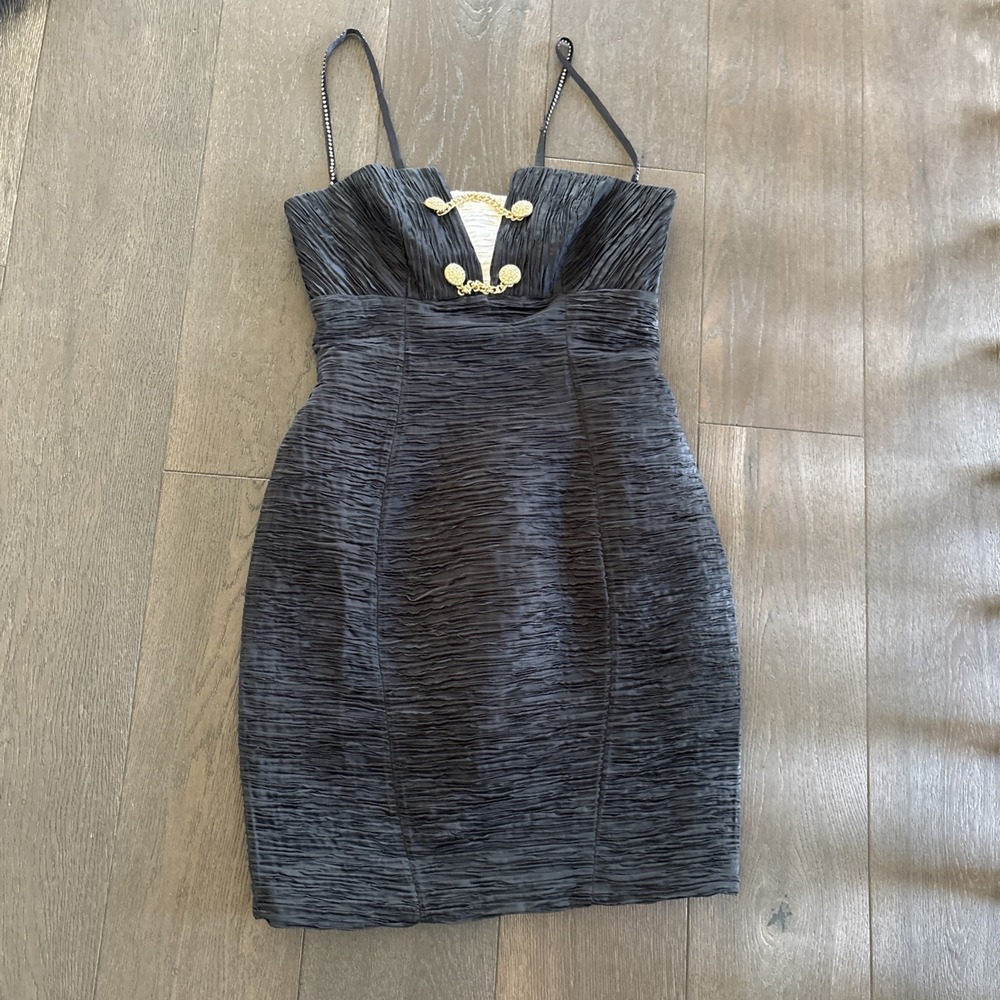 Dana Deatherage black pleated/ruched mini dress Gold Detailed Chains Rhinestone